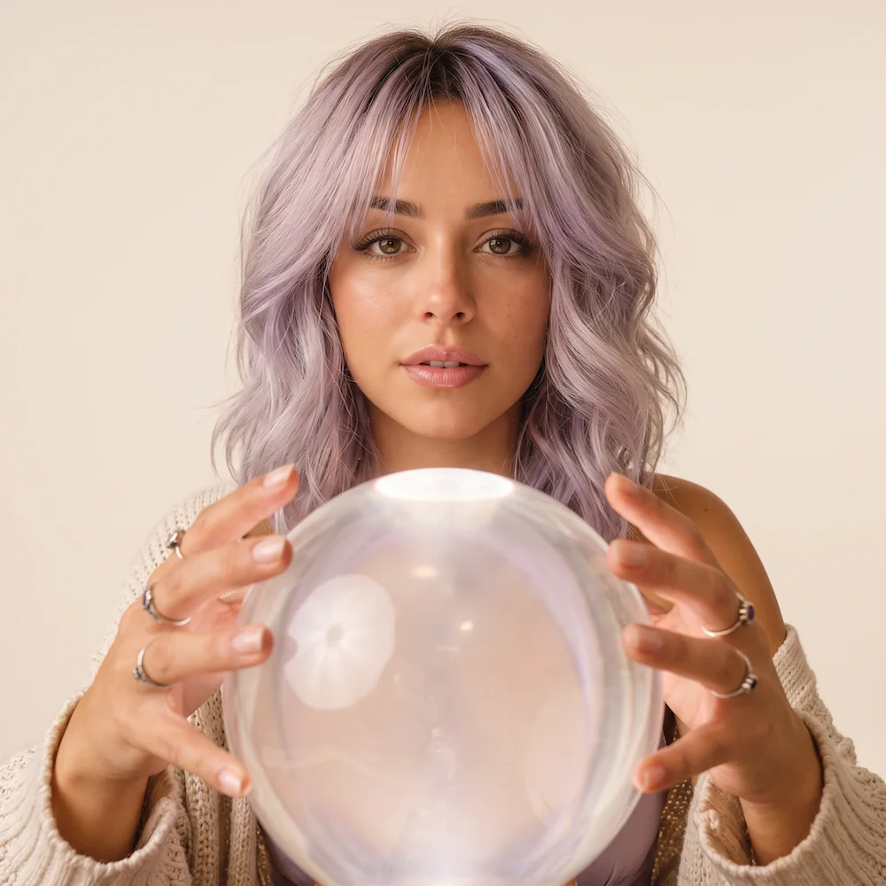 Pamela holding a crystal ball